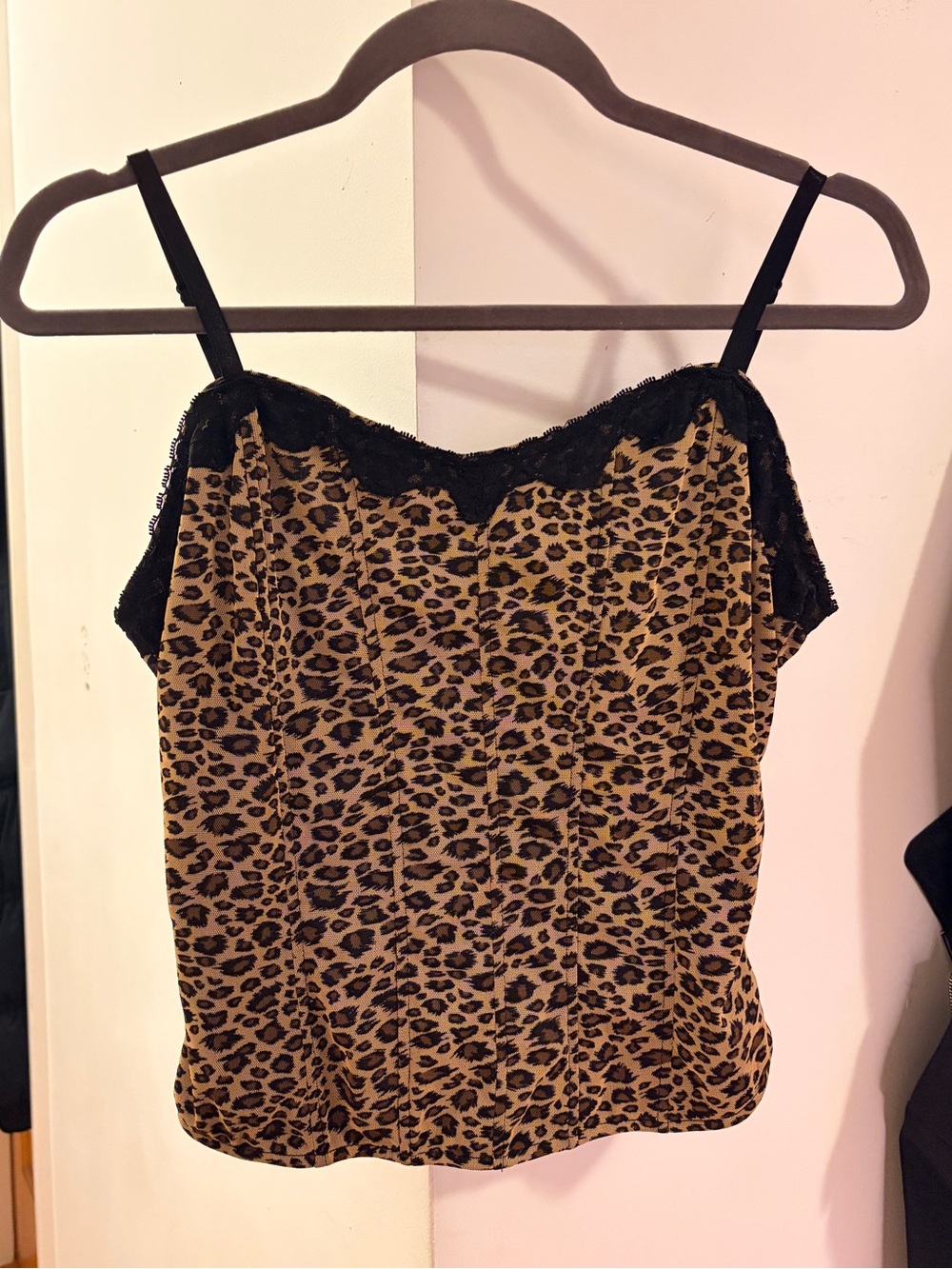 Venezia Jeans Leopard Print Lace-Trim Corset Cami Top - Brown/Black